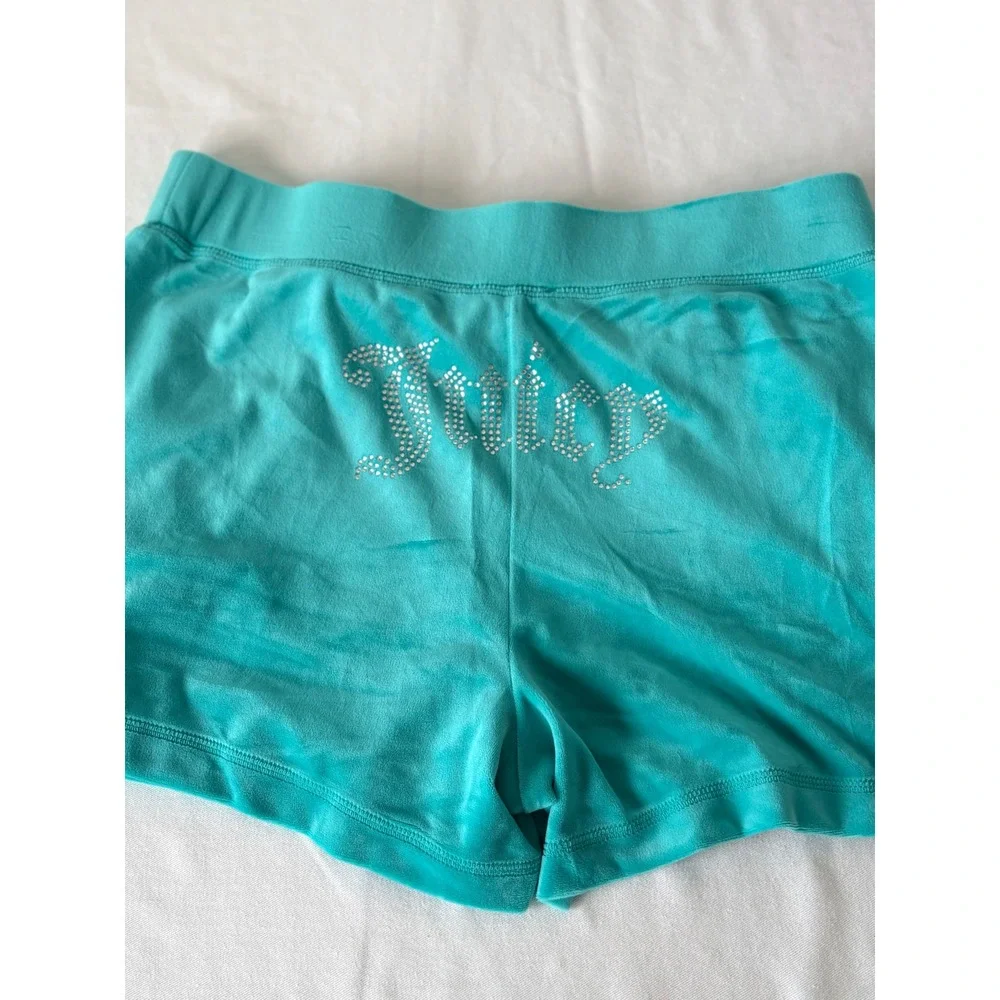 Juicy Couture Teal Blue Velour Rhinestone Logo Lounge Shorts Womens Large new